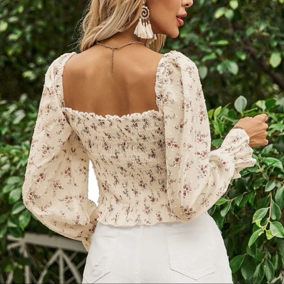 Floral blouse ruched flower off shoulder top womens boho apricot cream - Picture 4 of 6